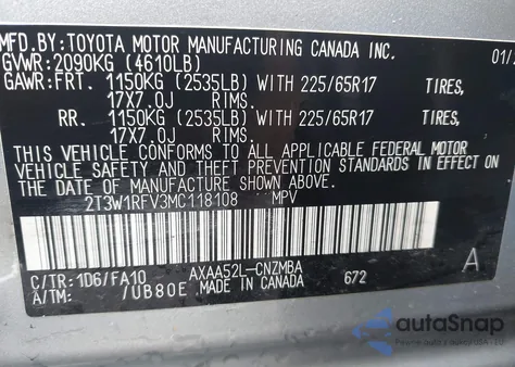 2021 Toyota Rav4 Xle из США, поврежденный, VIN 2T3W1RFV3MC118108
